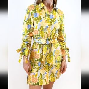 Colorful Floral Tie-Waist Shirt Dress - Yellow, Green, Blue, Peach